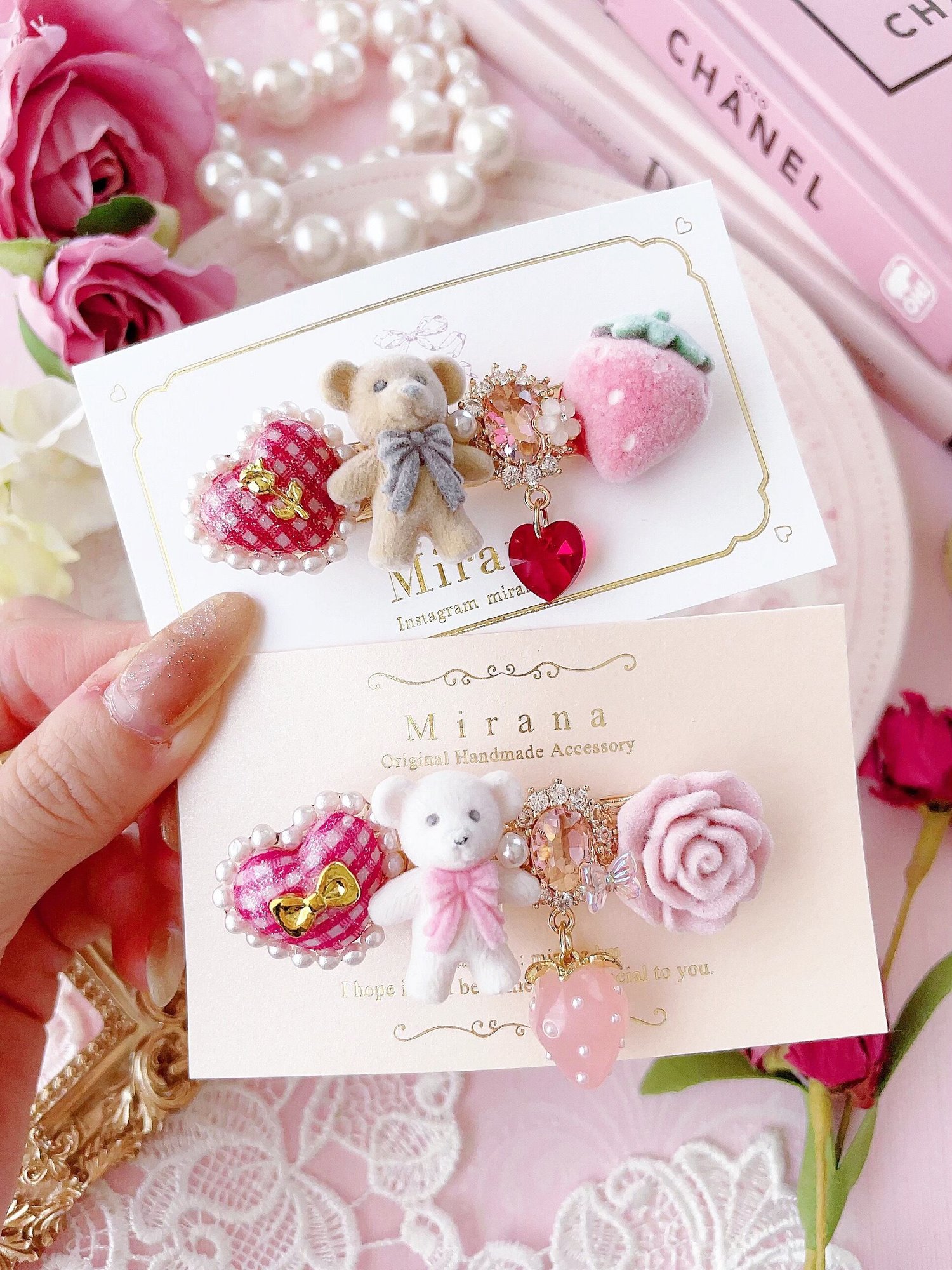 Glitter pearl check heart teddy bear hair clip