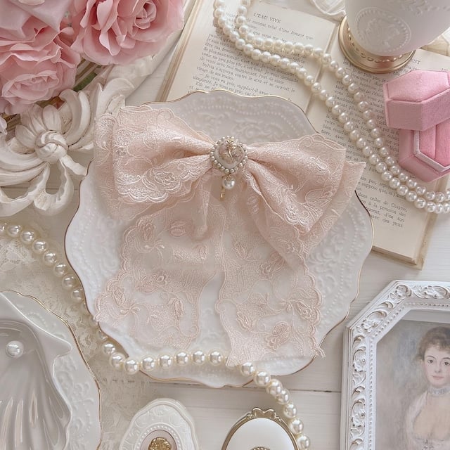 lingerie pink lace gold rose cabochon pony hook